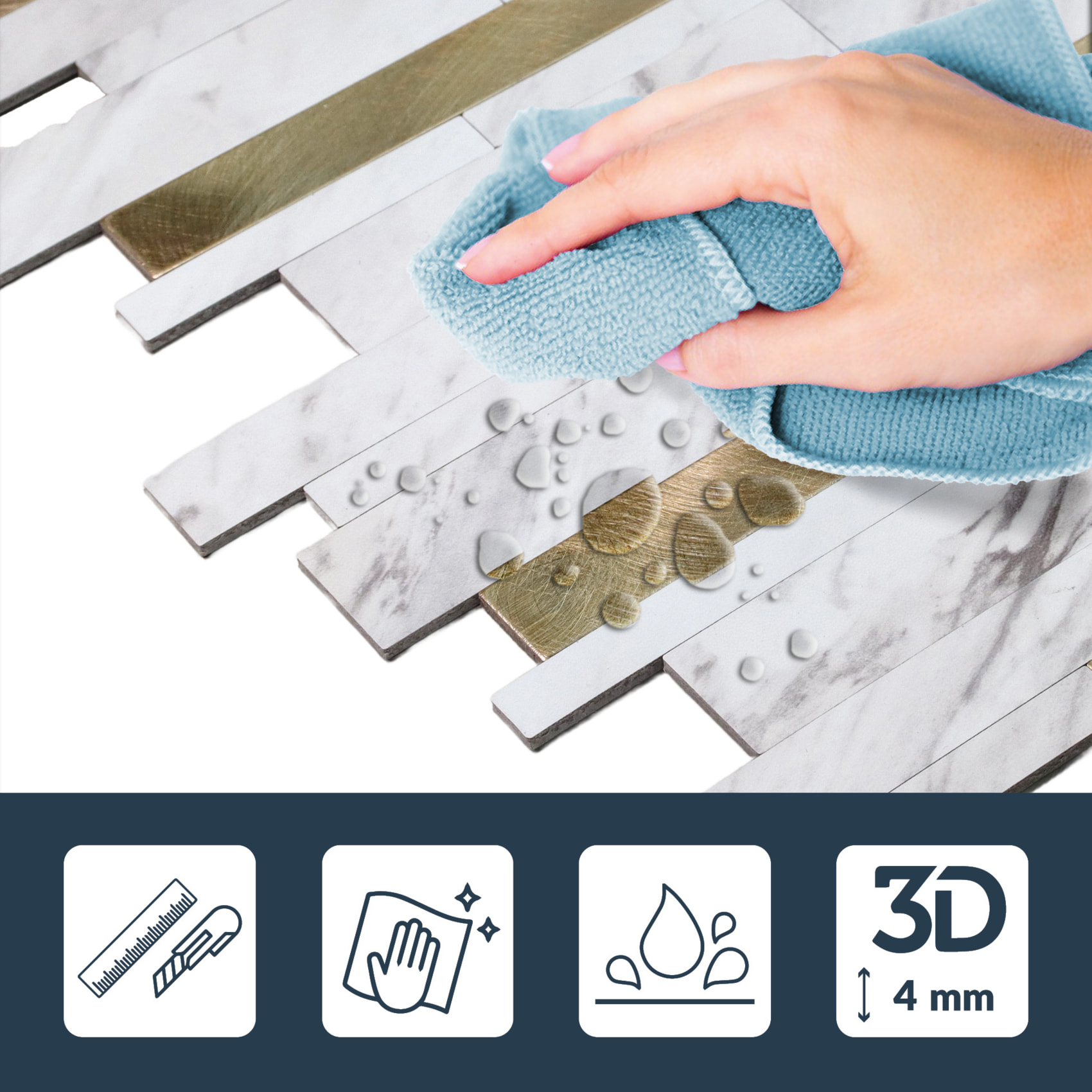 Crédence adhésive murale 3D motif lamelles 4 pièces - Blanc