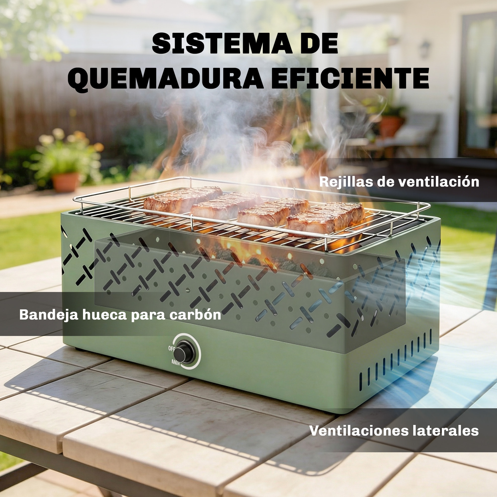 Barbacoa de Carbón, Barbacoa Portátil, 45,5x29x21 cm, con Ventilador Integrado, Temperatura Ajustable y Bandeja de Carbón, para Camping, Picnic, Fiesta en Jardín, Verde Claro