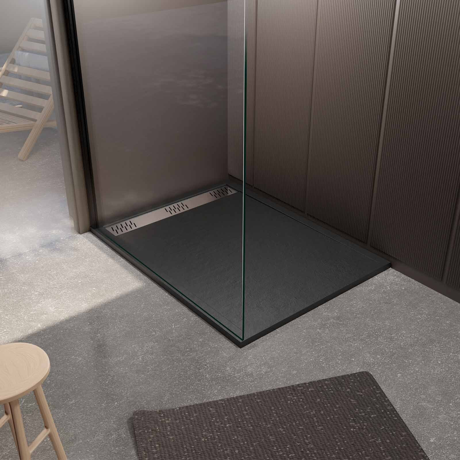 Receveur de douche en résine noir 80x120x3 cm effet pierre granit + grille linéaire chrome