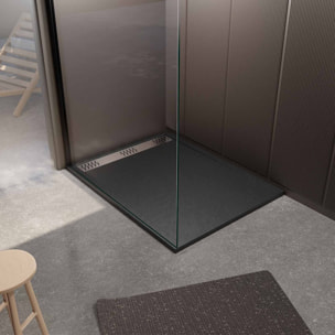 Receveur de douche en résine noir 80x120x3 cm effet pierre granit + grille linéaire chrome