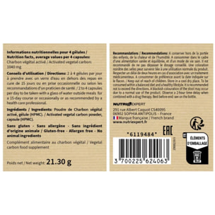 NUTRI EXPERT - Charbon végétal activé - Aide à détoxifier et assainir l'organisme - Apaise les sensations de ballonnements et flatulences - Vegan - Extraits de plantes - Lot de 3 produits