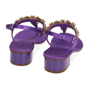 Sandali infradito viola in raso, tacco 3,5 cm