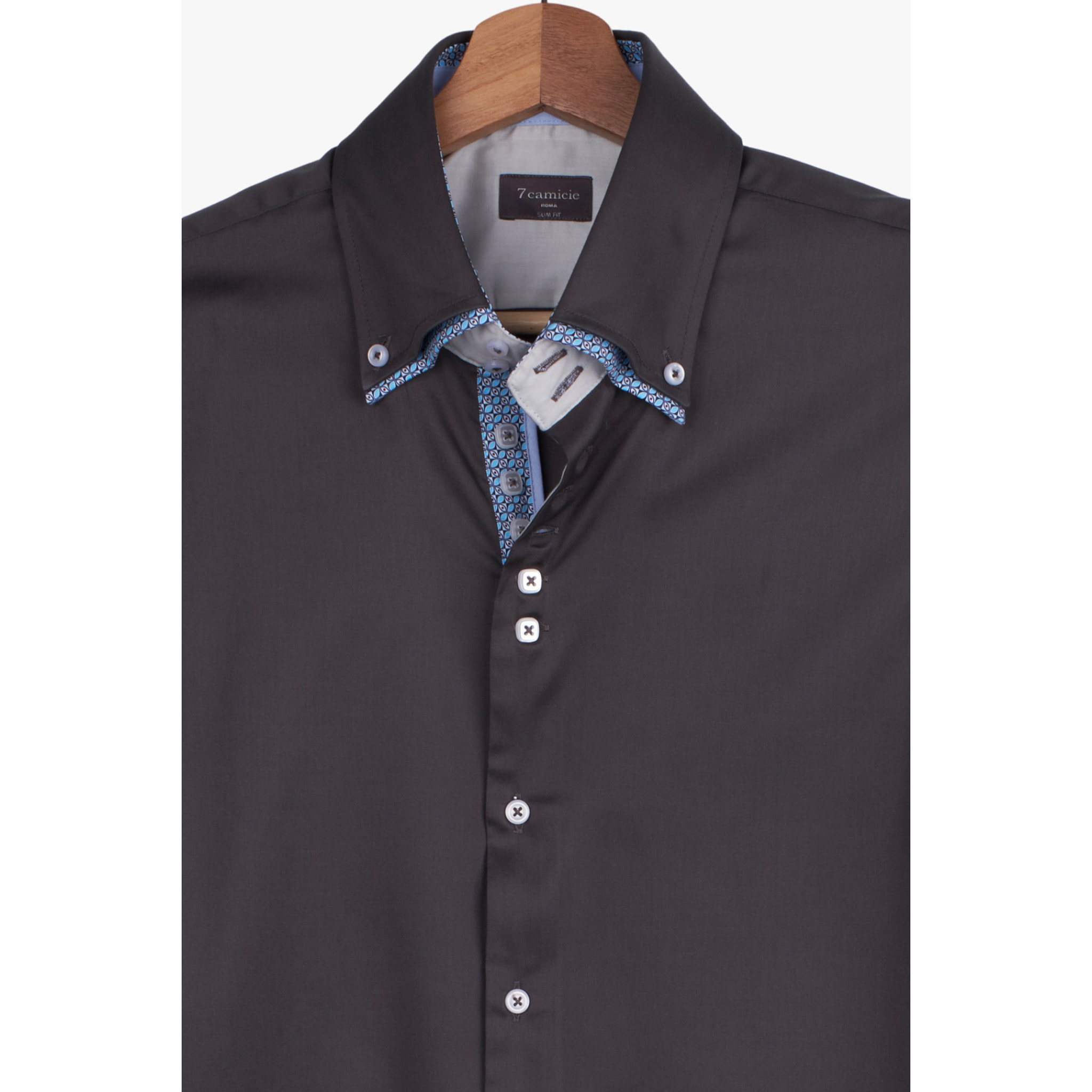 Camicia Uomo 2 Bottoni Button Down 7bottoni Doppio Coll Satin Unito Grigio Scuro