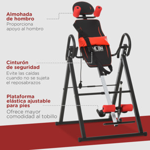 Tabla de Inversión Plegable con Bloqueo de Inclinación, Ángulo Ajustable hasta 90°, Banco de Inversión con Cinturón y Almohadillas de Seguridad para Aliviar Espalda, Mejorar la Circulación Rojo