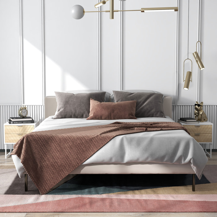 Conjunto de 2 Mesillas de Noche Mesitas de Noche de 2 Cajones y Patas de Acero Estilo Moderno Mesitas Auxiliares para Salón Dormitorio 45x39x48 cm Blanco y Roble