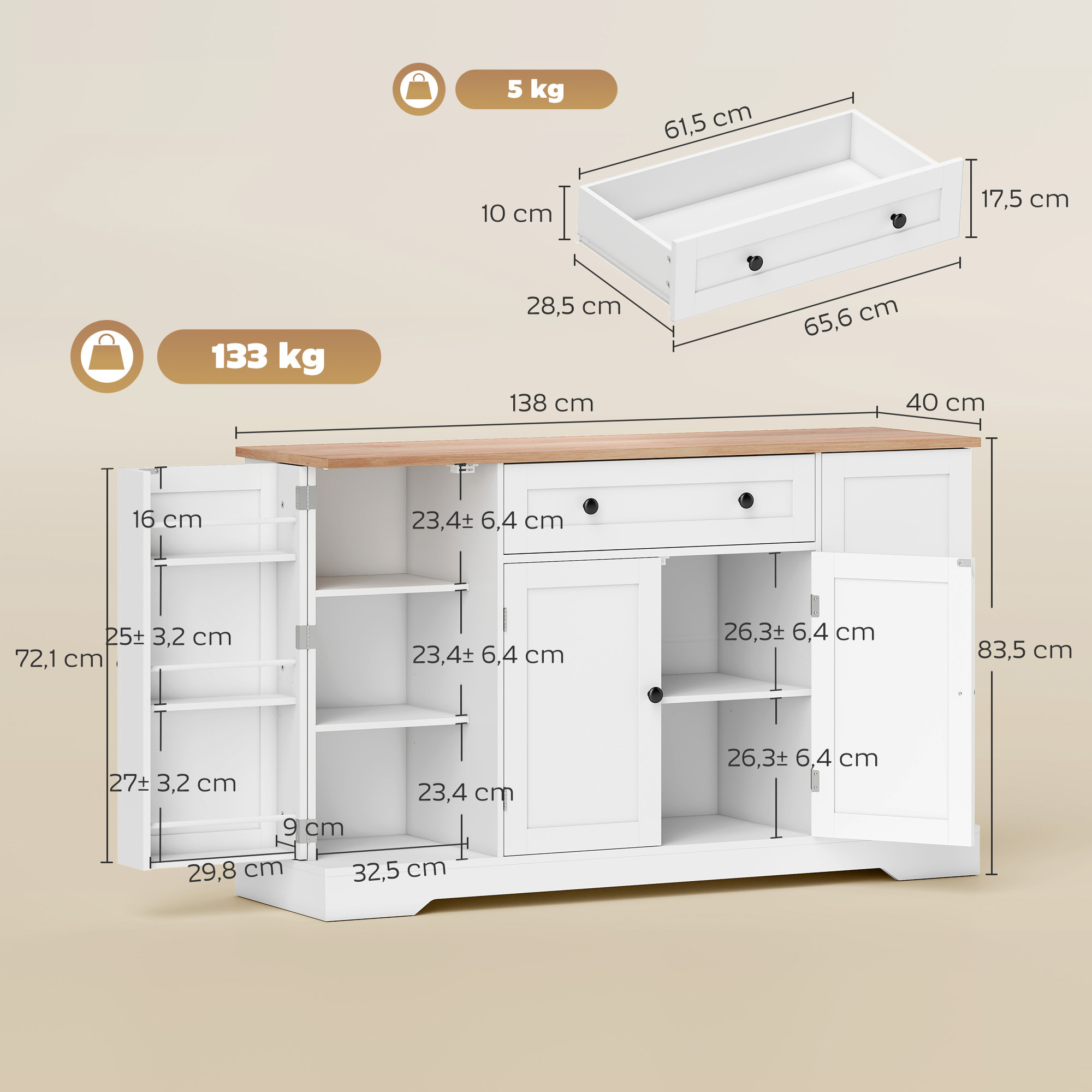Aparador, Armario de Cocina Moderno con Cajón, Estantes en las Puertas, Estantes Ajustables, Barra de Café, Aparador para Cocina, Comedor, 138x40x83,5 cm, Blanco