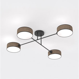 Lampada a sospensione Maga 4 luci in acciaio nero e tessuto marrone