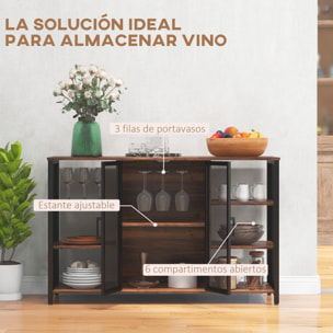 HOMCOM Aparador de Cocina Industrial Mueble Buffet Auxiliar con 6 Estantes Abiertos Porta Copas y Estante Ajustable para Bar Comedor 120x40x76 cm Marrón Rústico