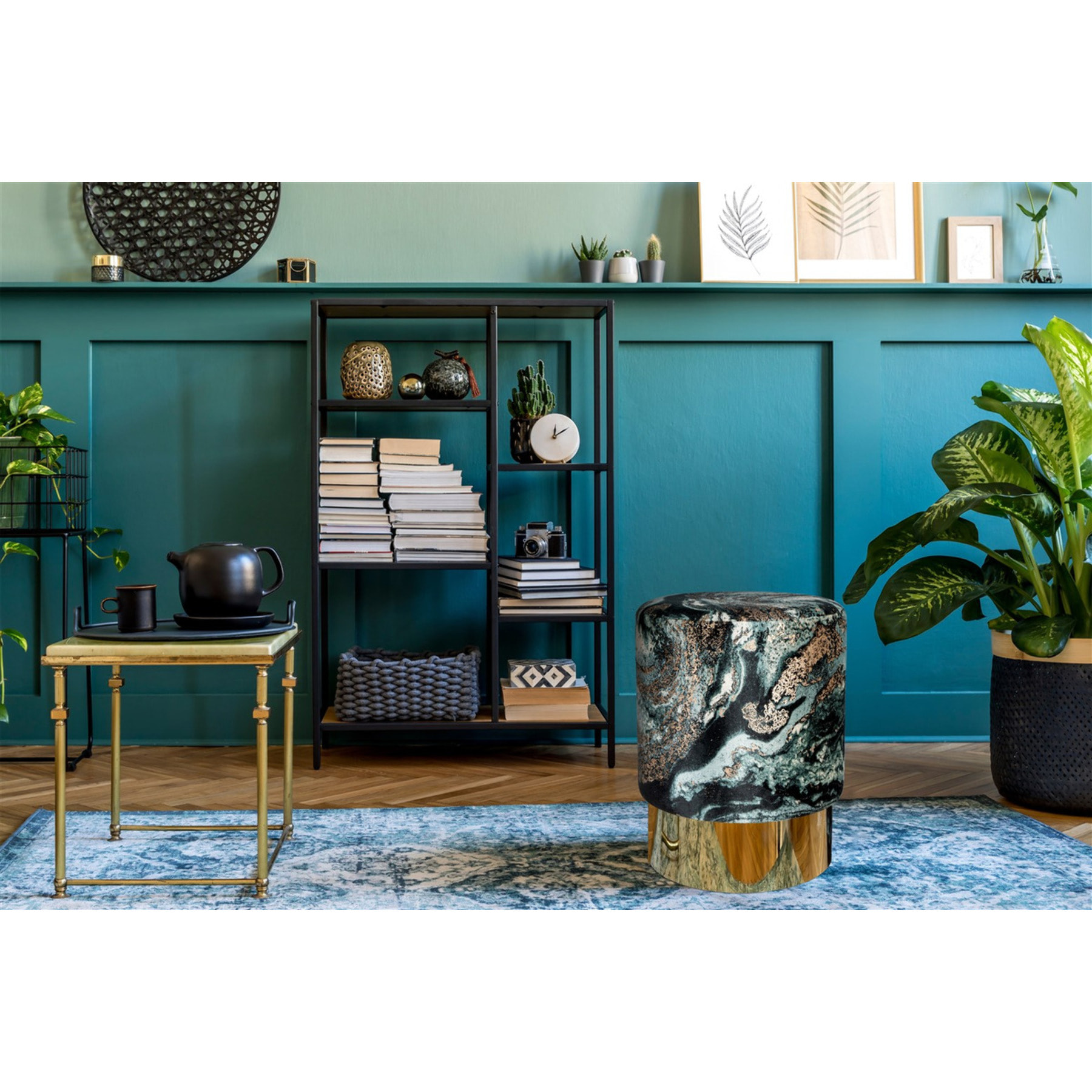 Pouf contenitore Gipsy in velluto verde scuro e oro
