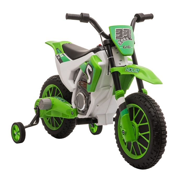 Moto cross électrique pour enfant 3 à 5 ans 12 V 3-8 Km/h avec roulettes latérales amovibles dim. 106,5L x 51,5l x 68H cm vert