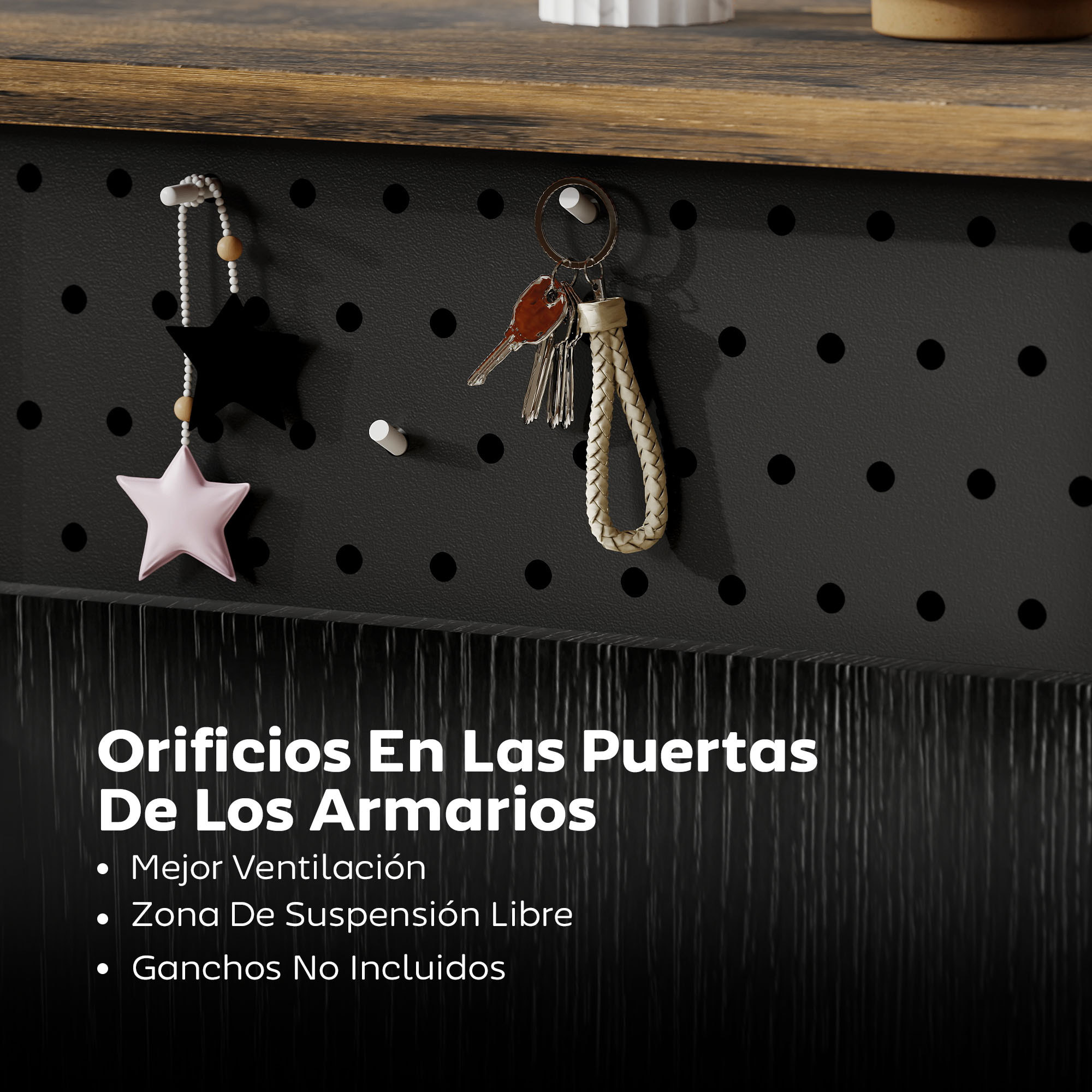 Aparador de 2 Puertas con Orificios, Aparador para Salón con Cajón, Compartimentos Abiertos, Estantes Ajustables, para Cocina, Entrada, Oficina, Negro y Marrón Rústico, 100x40x80 cm