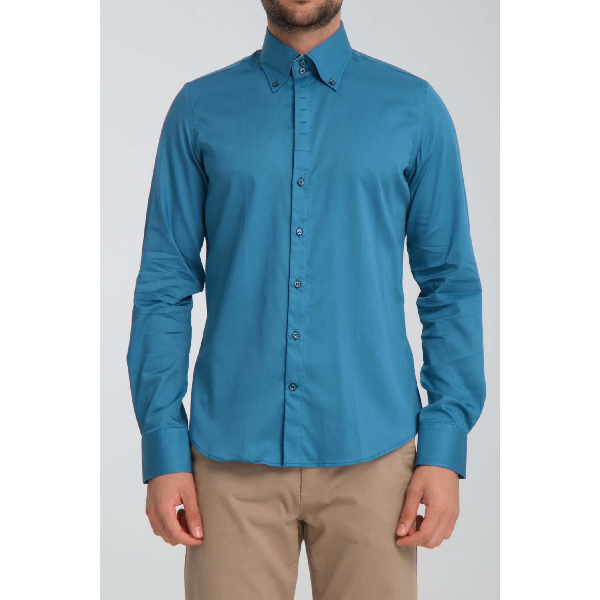 Camicia Uomo 2 Bottoni Button Down Slim Satin Unito Verde Ottanio