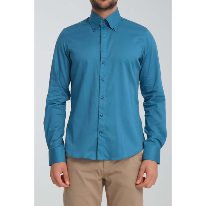Camicia Uomo 2 Bottoni Button Down Slim Satin Unito Verde Ottanio