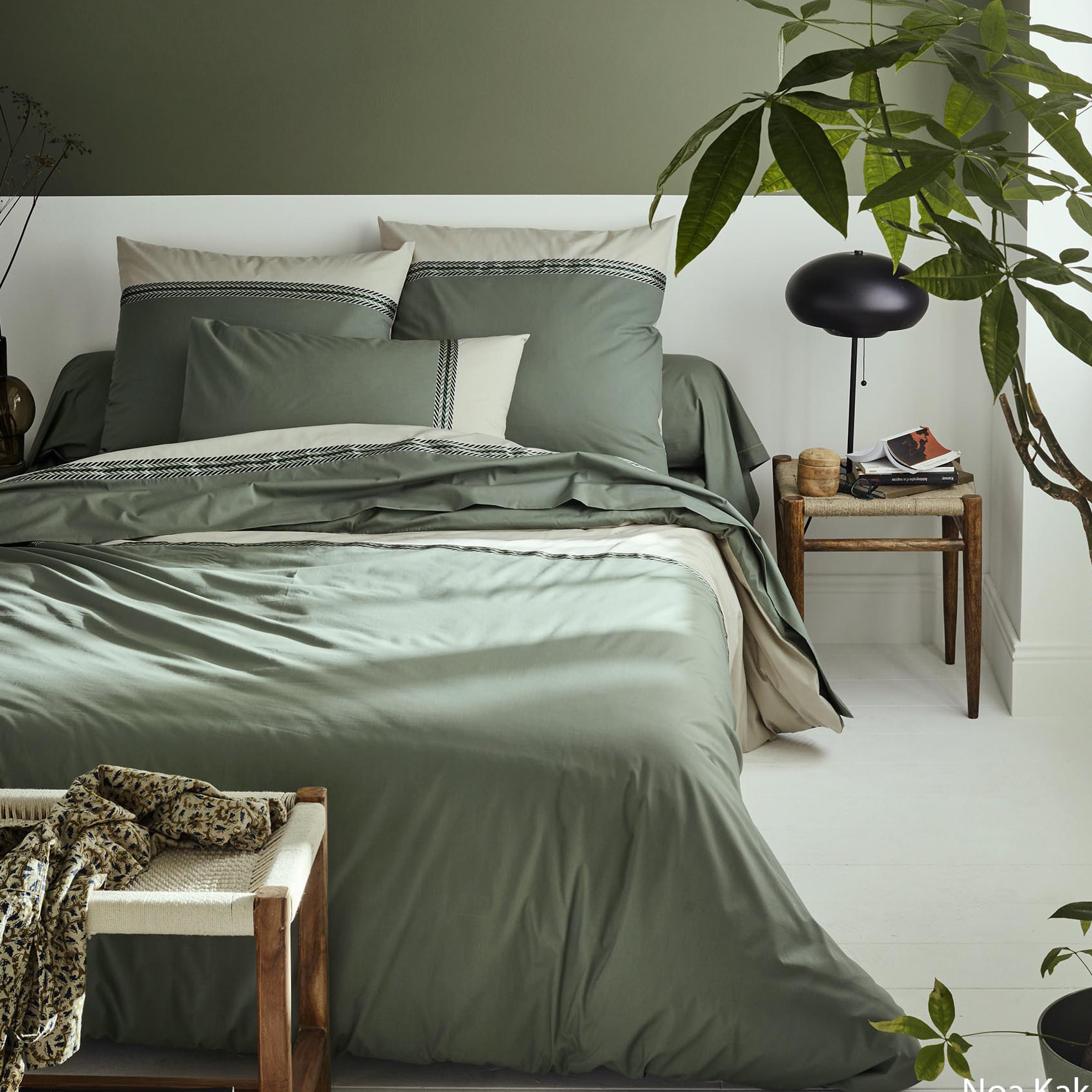 Taie d'oreiller en percale de coton à galon géométrique - Vert Olive
