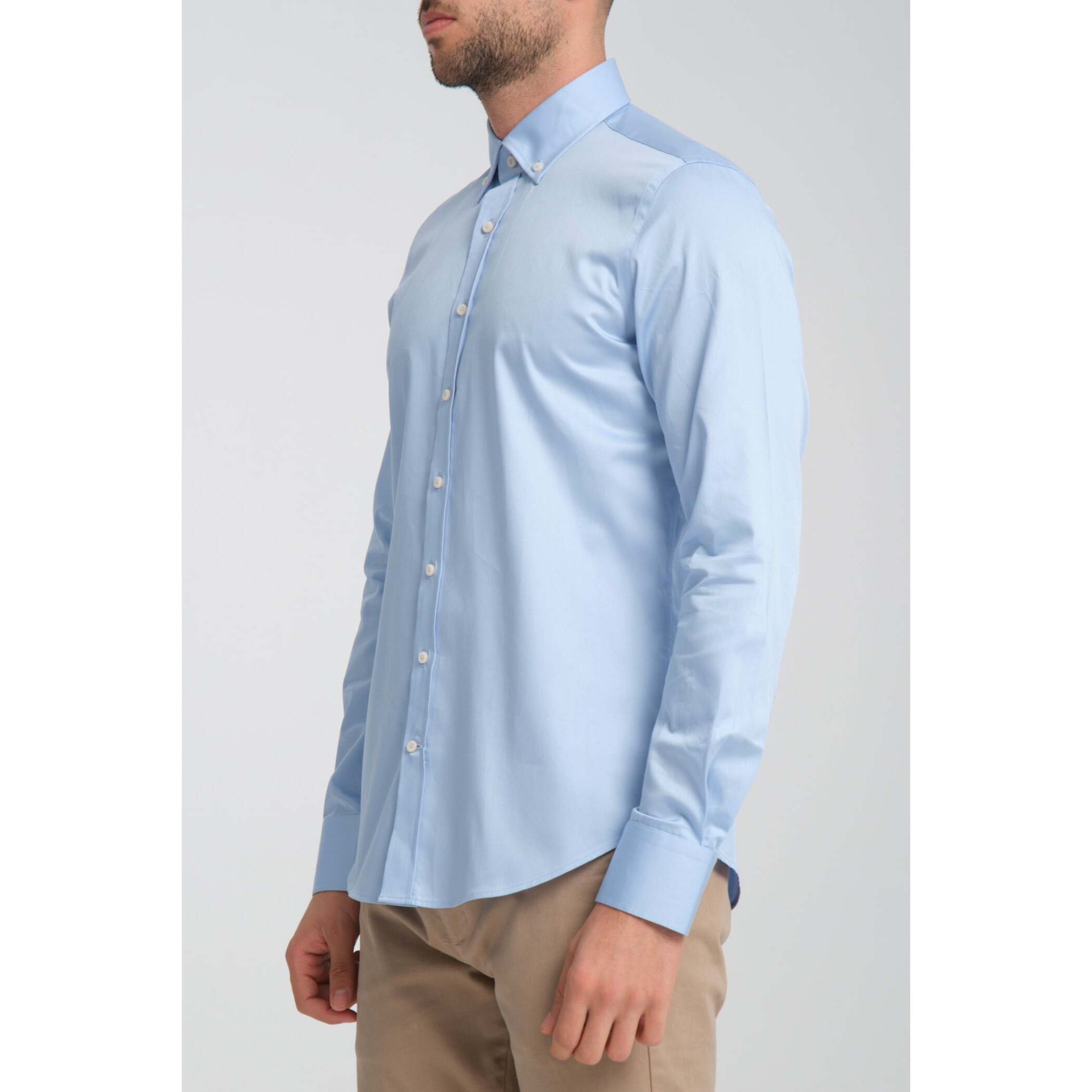 camicia uomo 1 bottone button down slim Satin Unito Celeste