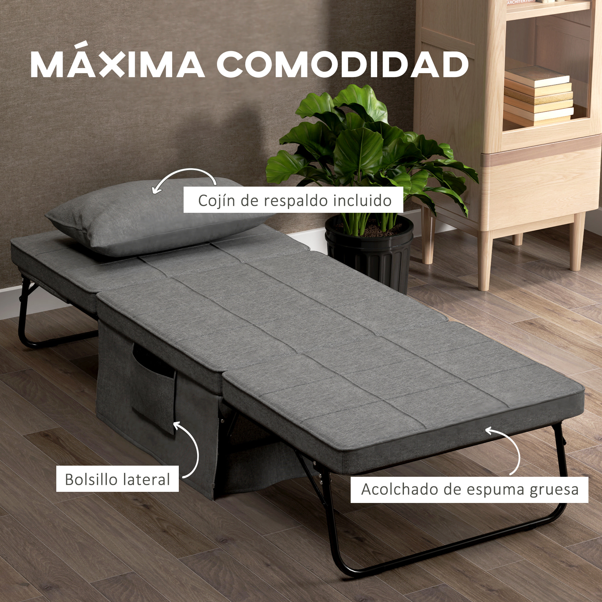 Sofá Cama de 1 Plaza 4 en 1, Sillón Cama Plegable, Tapizado en Lino, con Respaldo Ajustable de 5 Niveles, Almohada Acolchada, para Oficina, Dormitorio, Salón, 75x80x74 cm, Gris