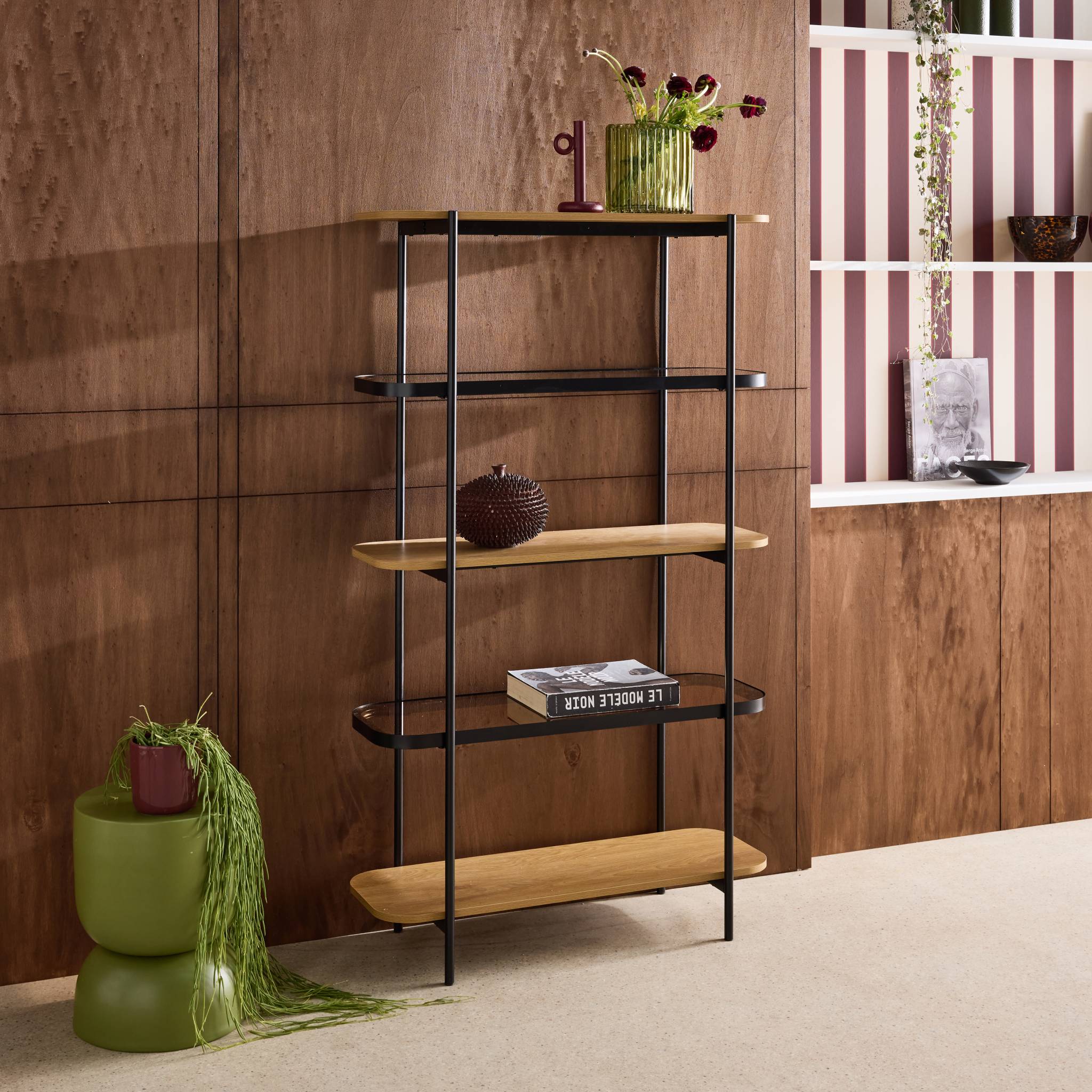 Etagère bibliothèque verre, décor bois et métal 5 niveaux SMOOKY