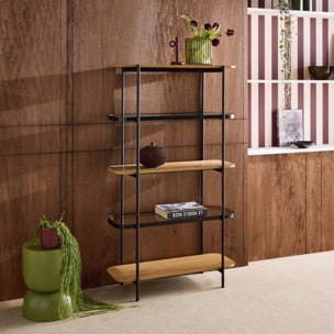 Etagère bibliothèque verre, décor bois et métal 5 niveaux SMOOKY