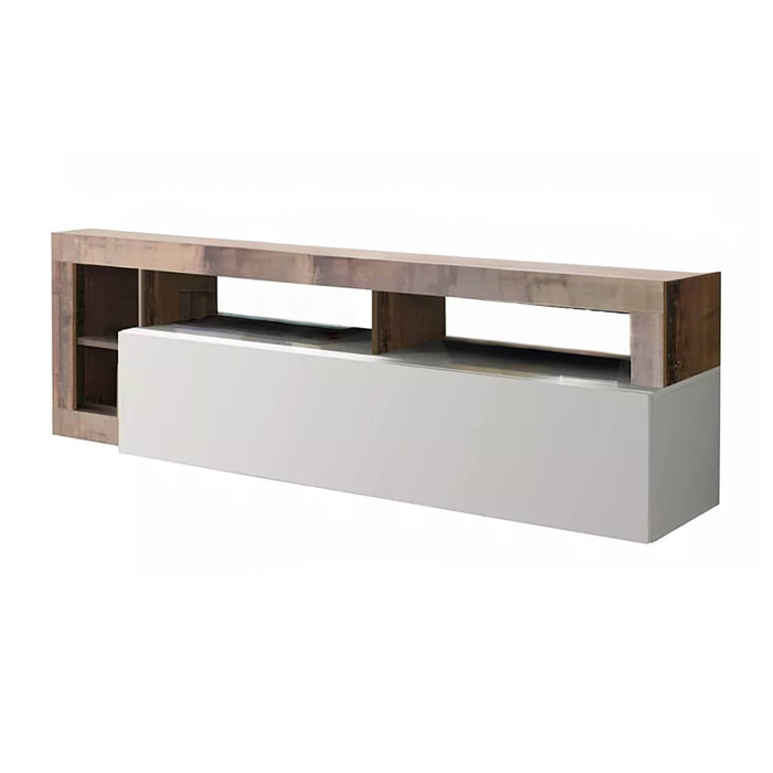 Mobile da soggiorno Porta TV, Made in Italy, Credenza per TV da salotto a 1 anta e vani aperti, cm 184x42h58, colore Bianco lucido e Pero