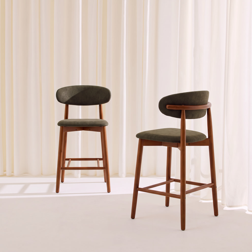 Tabouret de bar bois d'hévéa noyer et tissu chenille (lot de 2)  PAOLA