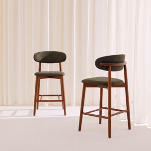 Tabouret de bar bois d'hévéa noyer et tissu chenille (lot de 2)  PAOLA