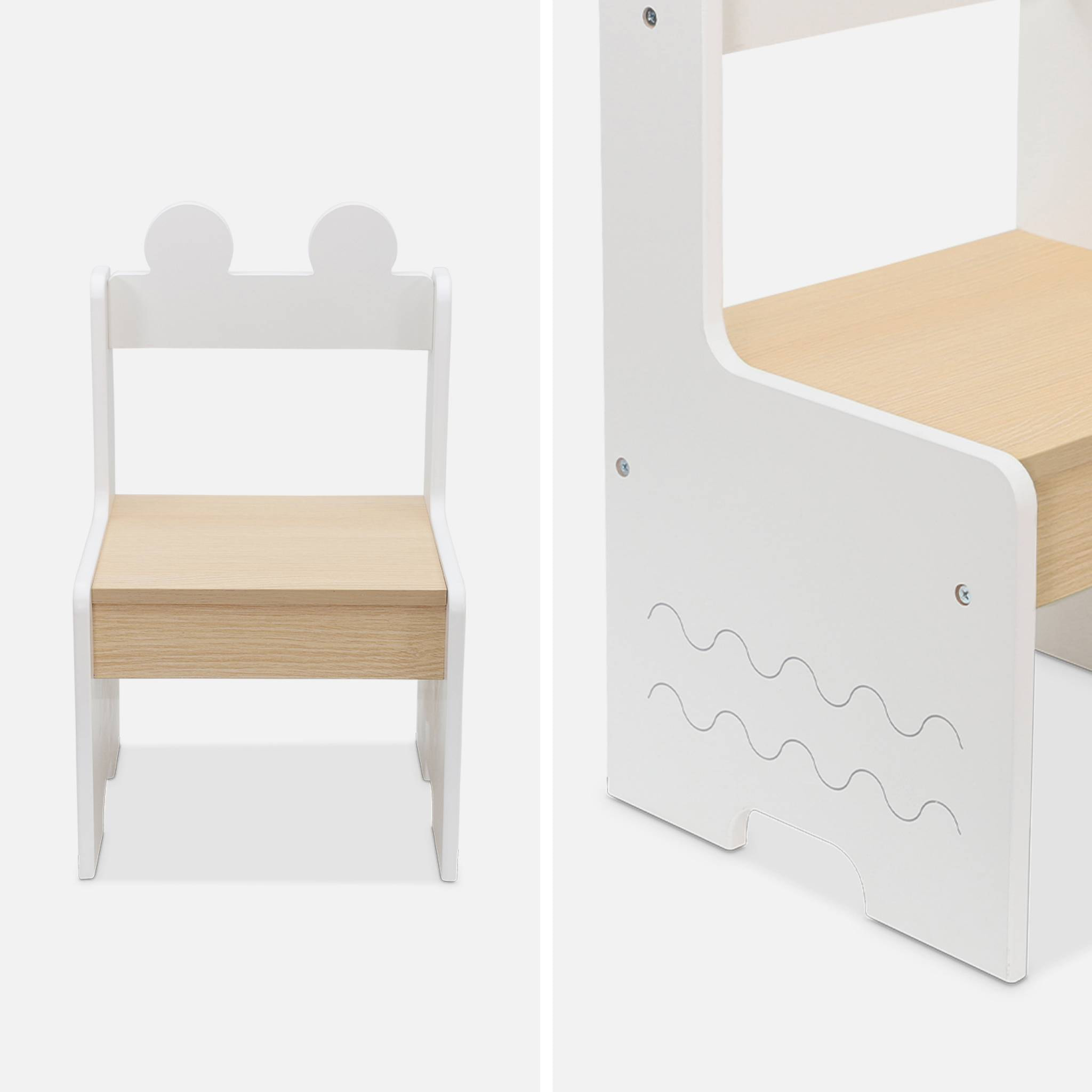 Table enfant + 2 chaises. avec étagères. blanc