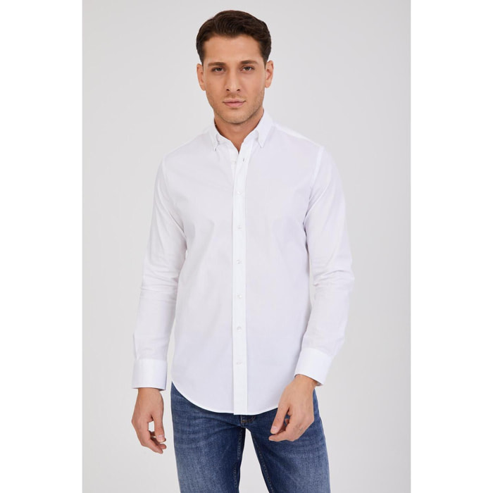 Camicia Uomo 1 Bottone Button Down Slim Popeline Stretch Unito Bianco