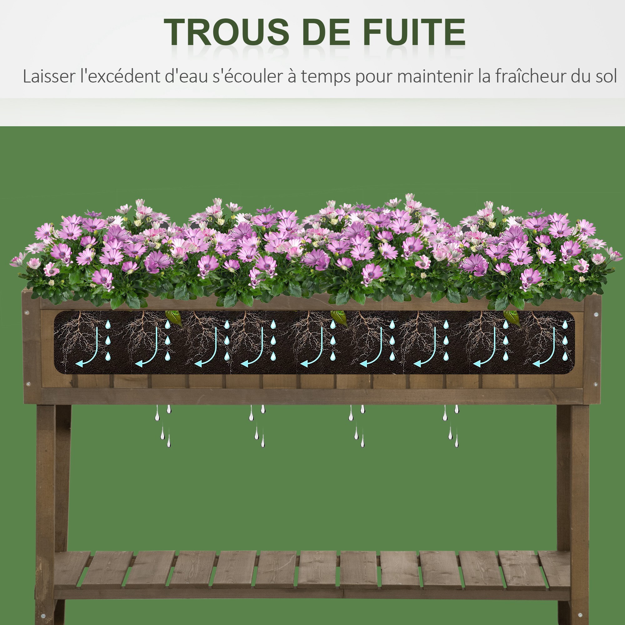 Jardinière sur pieds carré potager avec étagère dim. 110L x 46l x 76H cm 8 compartiments & inserts d'irrigation bois de sapin marron