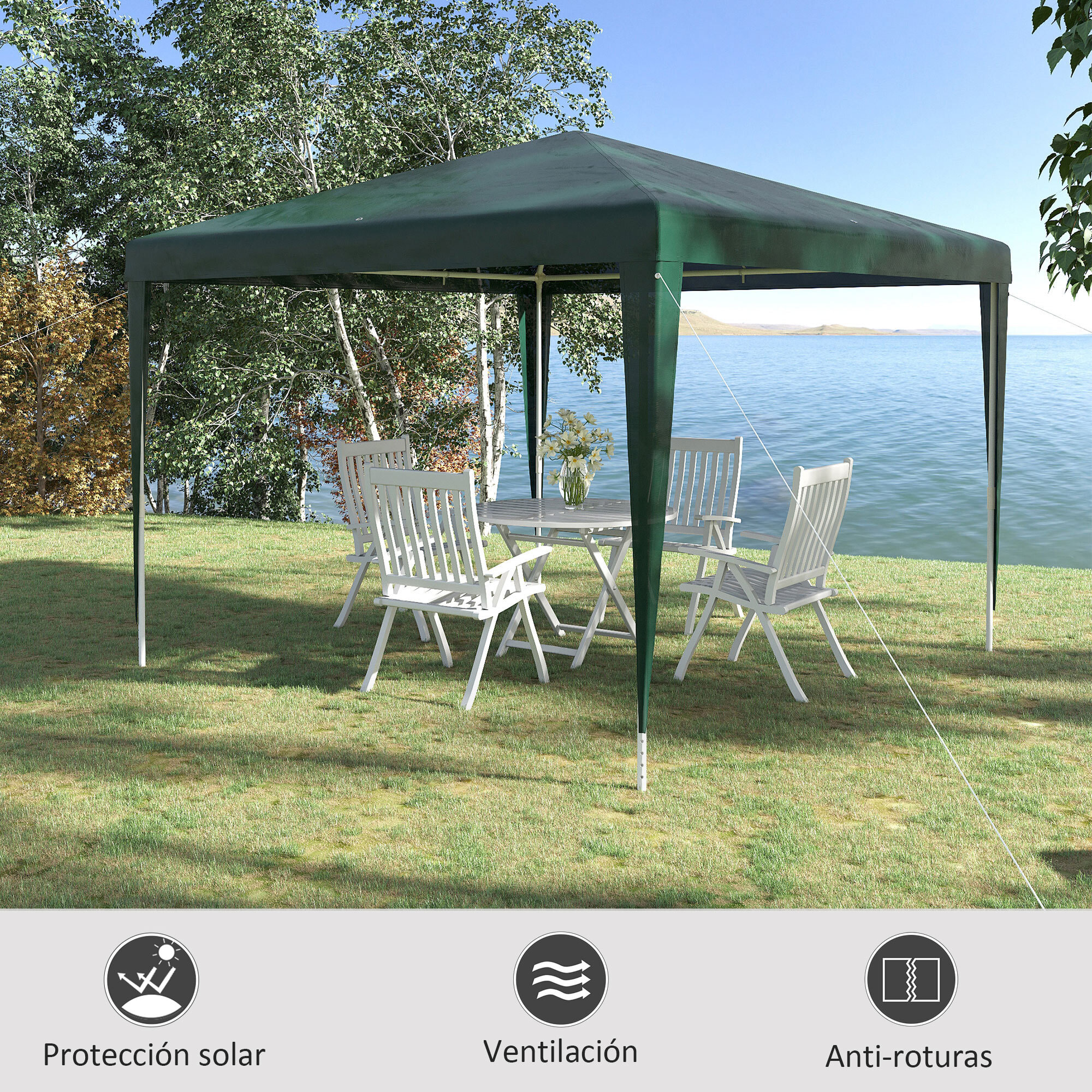 Carpa Desmontable 3x3 m Cenador Pabellón de Jardín con 4 Orificios de Drenaje y Marco de Acero Gazebo para Terraza Patio Exterior Camping Verde