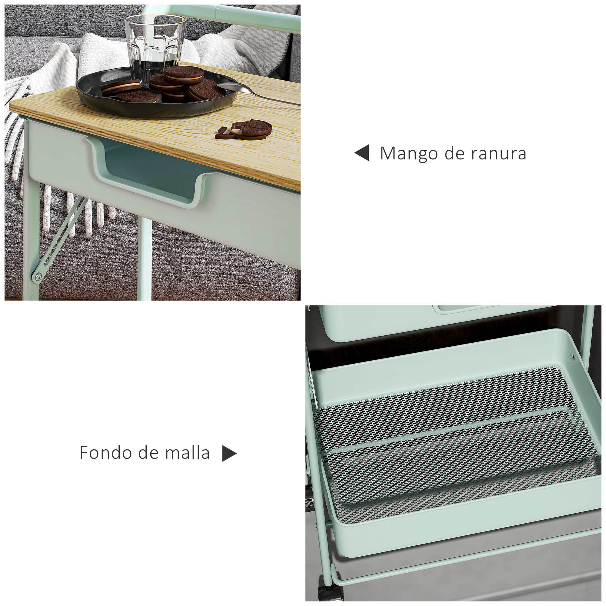 Carrito Auxiliar con Ruedas de 2 Niveles Carro de Cocina con 1 Cajón y 1 Cesta Carrito Organizador para Dormitorio Salón Oficina Verde Claro