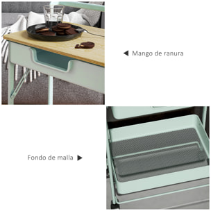 Carrito Auxiliar con Ruedas de 2 Niveles Carro de Cocina con 1 Cajón y 1 Cesta Carrito Organizador para Dormitorio Salón Oficina Verde Claro