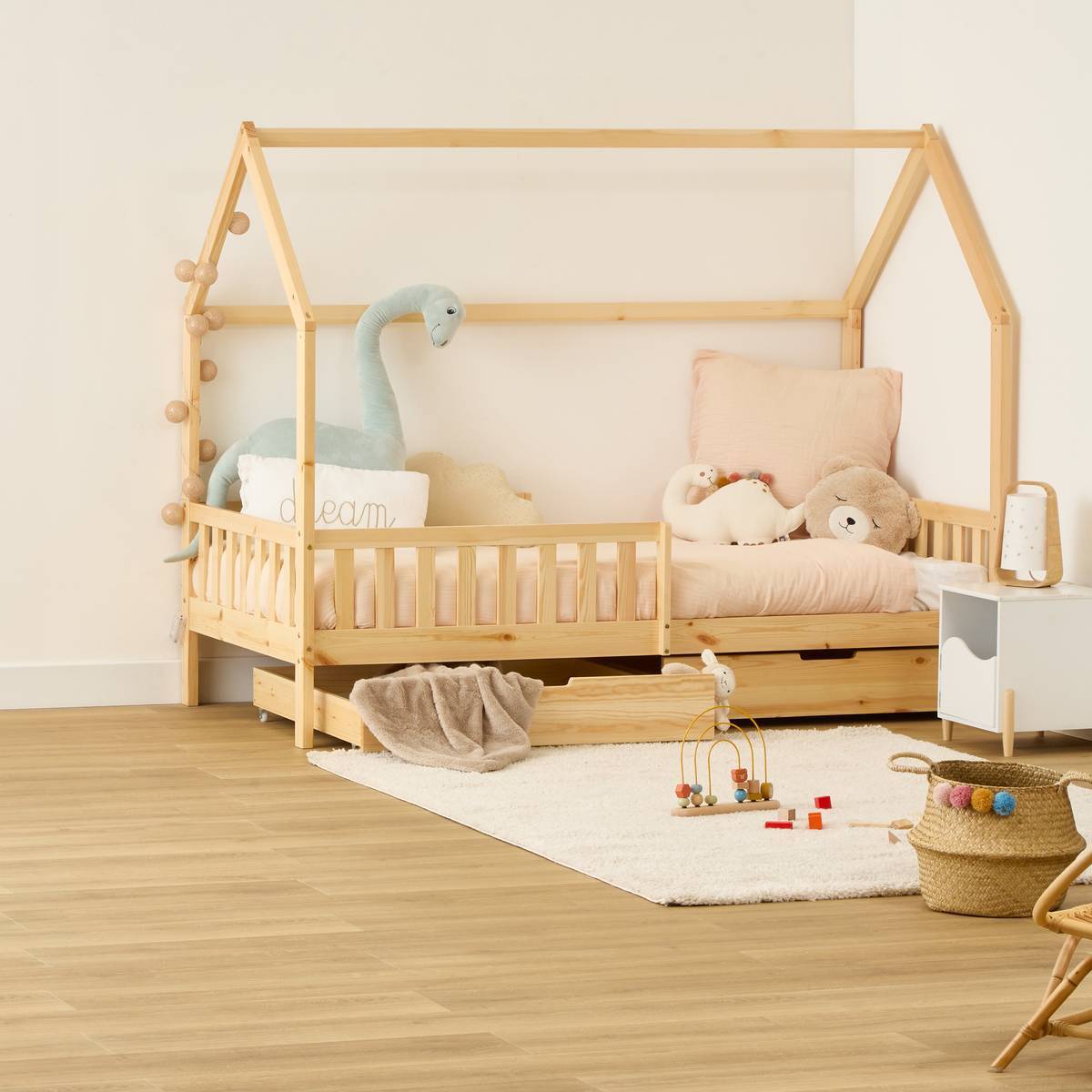 Lit cabane enfant Bosco 2 tiroirs 194,8x98x155,5cm Naturel