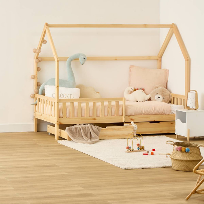 Lit cabane enfant Bosco 2 tiroirs 194,8x98x155,5cm Naturel
