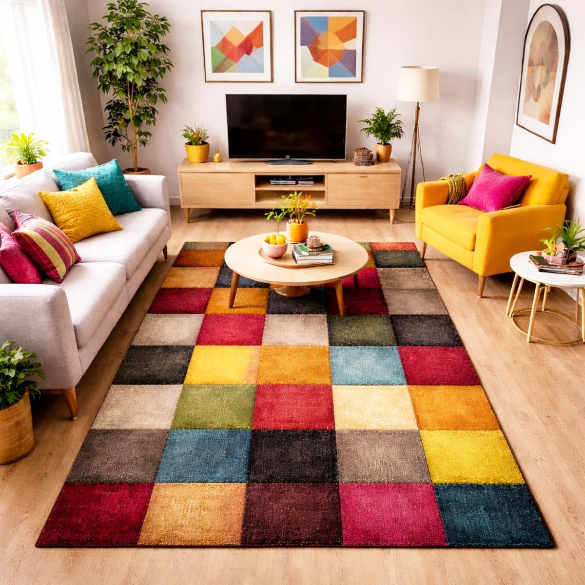 Tapis salon et chambre tissé motif damier BEFI