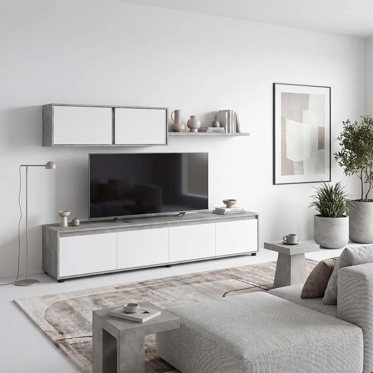 Salón con mueble de TV y estantería en gris cemento y blanco artik 200 cm Arlet Gris cemento - Blanco Artik (Blanco Mate)