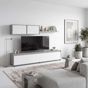 Salón con mueble de TV y estantería en gris cemento y blanco artik 200 cm Arlet Gris cemento - Blanco Artik (Blanco Mate)