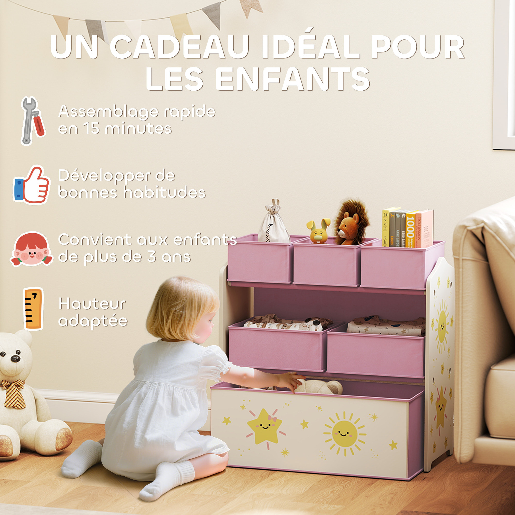 Étagère de rangement enfant design étoile soleil - 6 tiroirs en tissu - MDF - rose