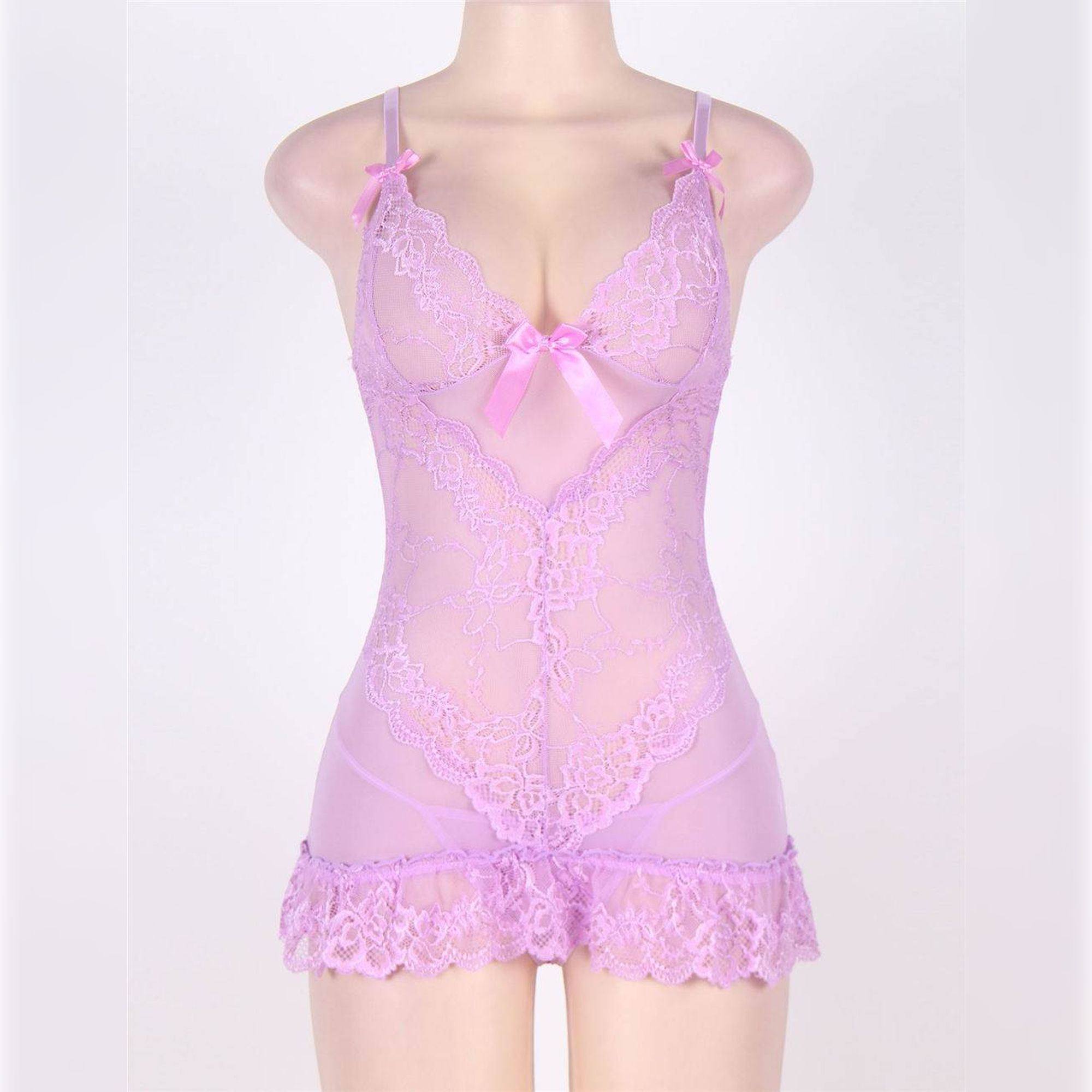 Babydoll lila cuello v y encaje con bragas