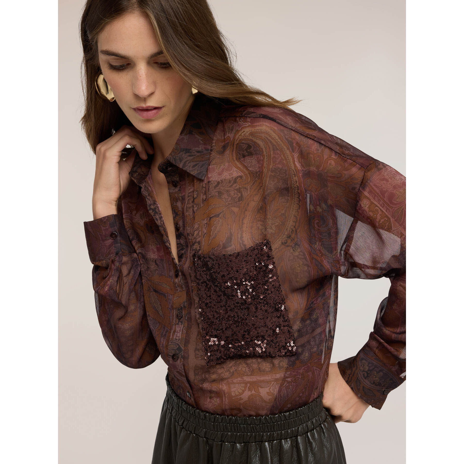 Motivi - Camicia in chiffon e tasca paillettes - Marrone