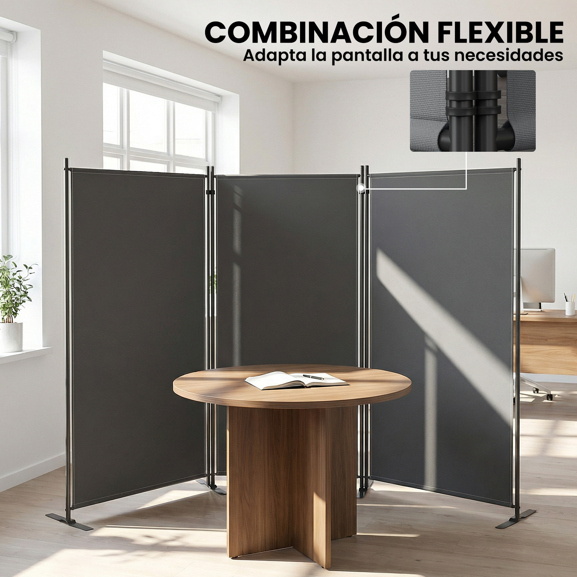 Biombo Plegable de 3 Paneles, 260x180 cm, Biombo Separador de Ambientes con Soporte de Metal, Protección UPF 30+, para Interior, Exterior, Jardín, Patio, Terraza, Gris Oscuro