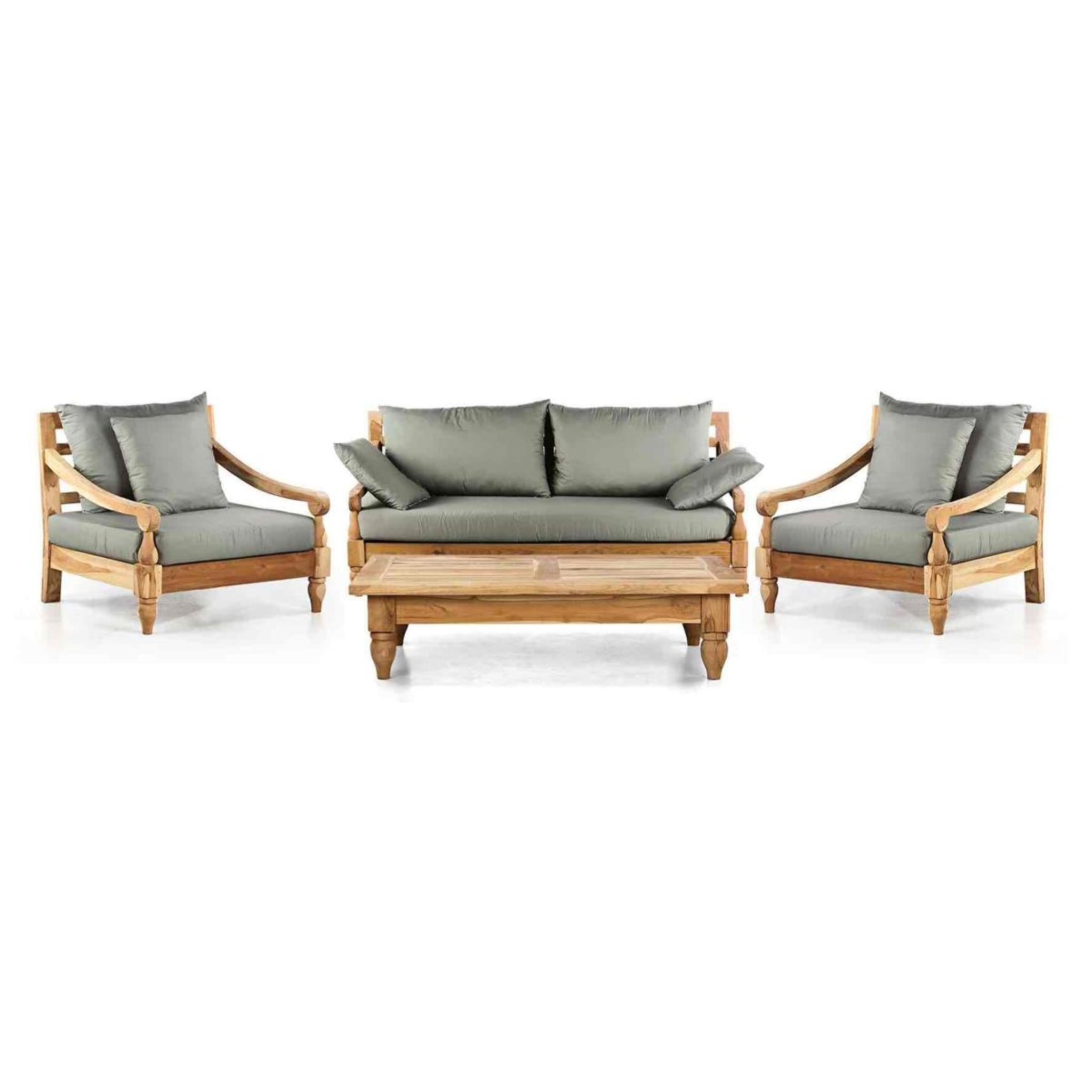 Salotto da giardino in teak naturale con cuscini grigi - Bagon