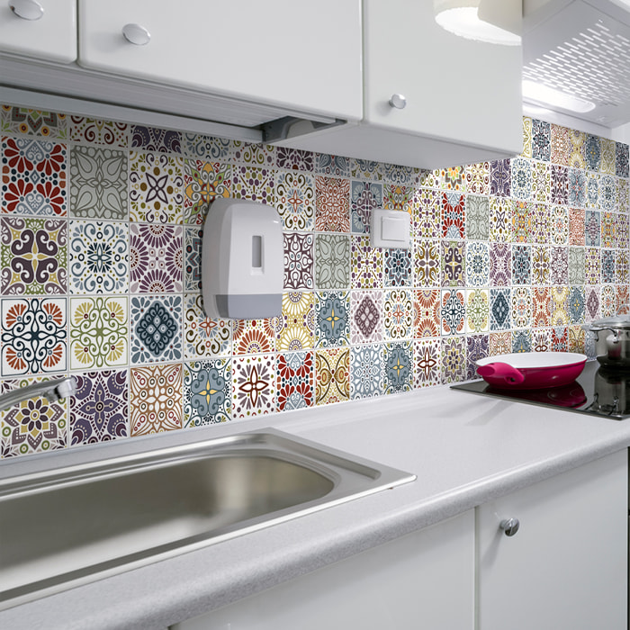 Stickers muraux - Sticker Mural Carrelage adhésif Cuisine Salle de Bain - 60 STICKERS CARREAUX DE CIMENT AZULEJOS YANNEL