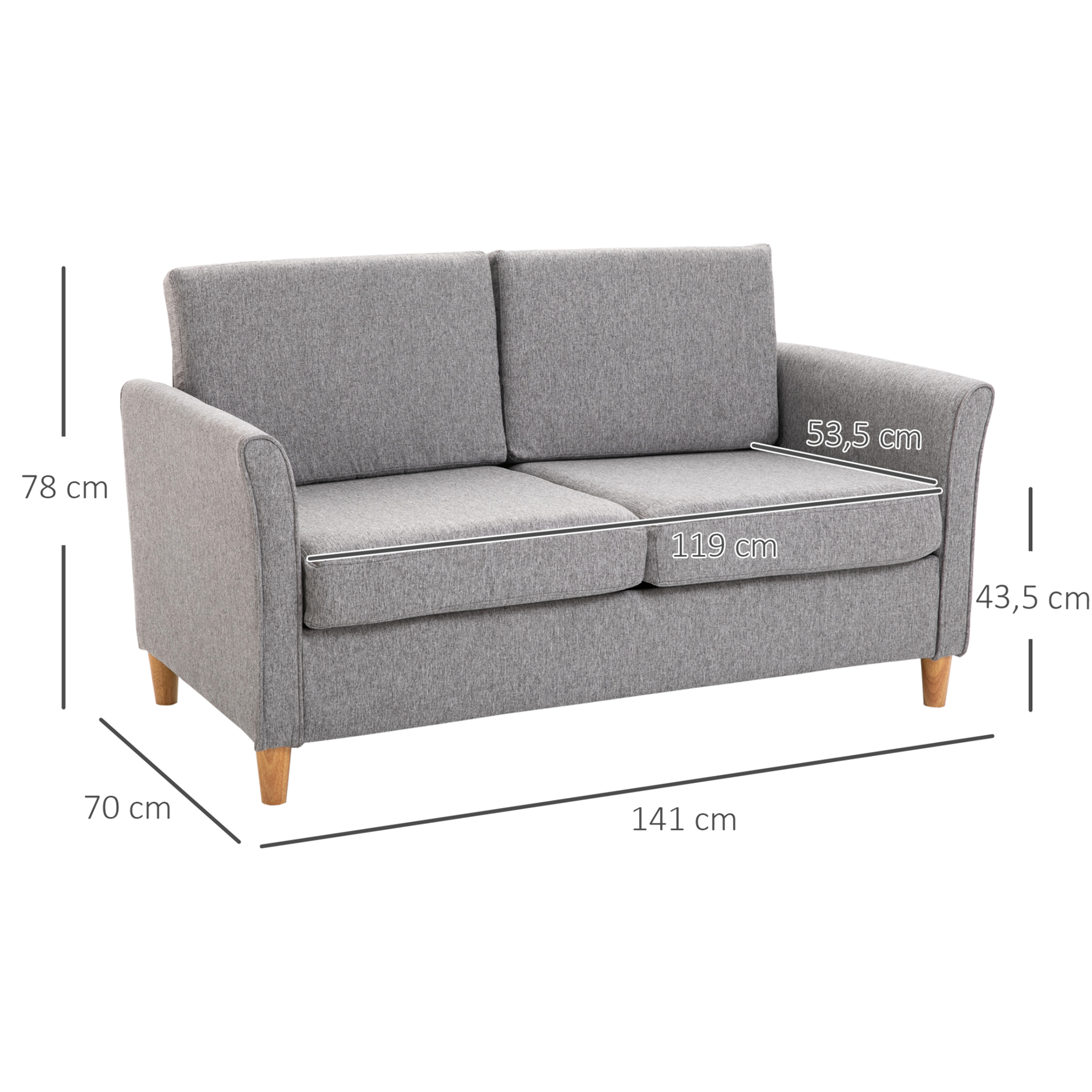 Canapé 2 places design scandinave dim. 141L x 65l x 78H cm pieds bois massif tissu lin gris clair chiné