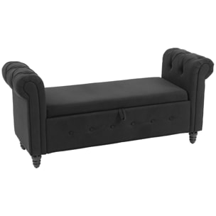 Banquette coffre de rangement 2 en 1 design Chesterfield accoudoirs courbés capitonnés piètement bois noir aspect lin noir