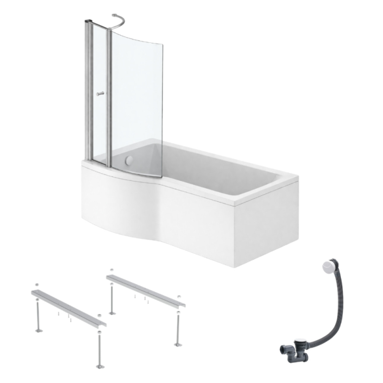 Pack baignoire bain douche 150 x 80 cm gauche Connect Air + tablier + pare bain avec volet  + pieds + vidage Blanc