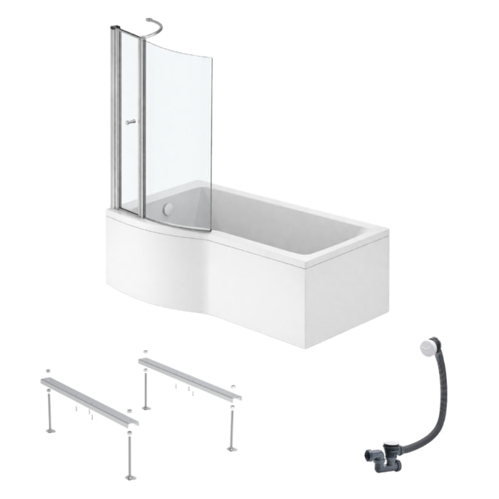 Pack baignoire bain douche 150 x 80 cm gauche Connect Air + tablier + pare bain avec volet  + pieds + vidage Blanc