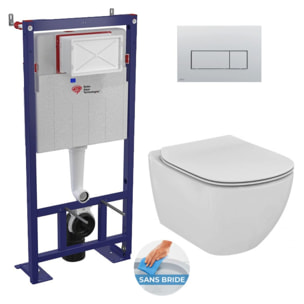 Pack WC Bâti autoportant + WC Ideal Standard Tesi Aquablade sans bride + Plaque Chrome mat (SMART-Tesi-572)