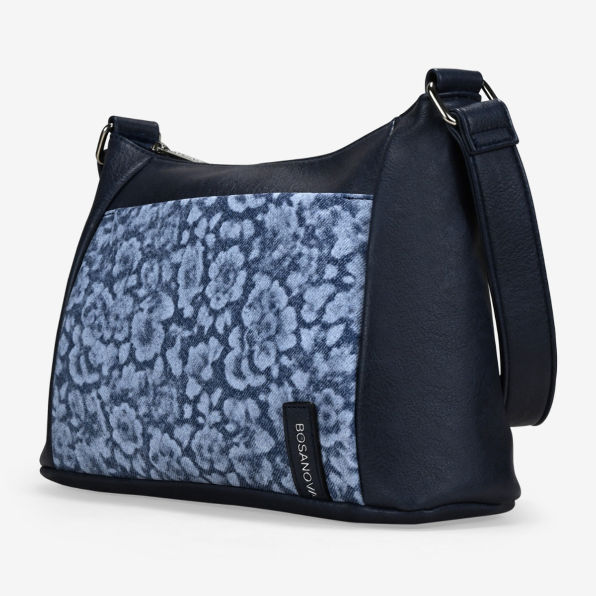 Bolso bandolera azul con bolsillo floral