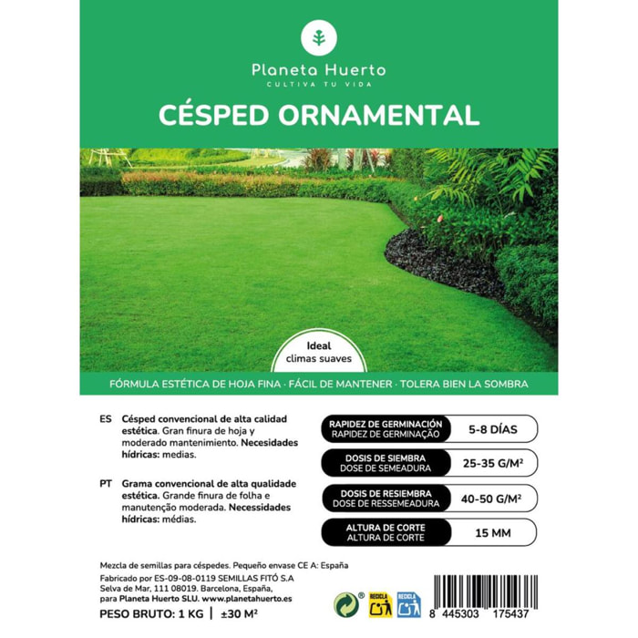 PLANETA HUERTO | Semillas Césped Ornamental ECO 1 kg – Mezcla de Césped de Hoja Muy Fina, Alta Calidad Estética, Rápido Establecimiento y Tolerancia al Pisoteo Ideal para Jardines Públicos y Privados