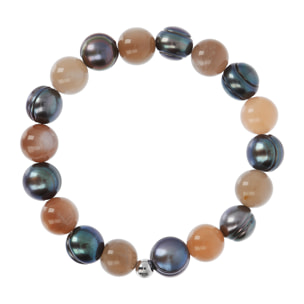 Bracciale Elastico con Pietra di Luna e Perle d'Acqua Dolce Grigie Ø 9.5/10.5 mm